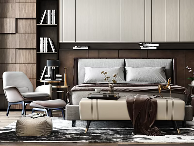 Modern Bedroom Interior With Background Double Bed Gray Brown Upholstered Headboard Wooden Bookshelf White Armchair 3d model