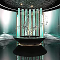Elevator Lobby Featuring Circular Ceiling Lighting Green Natural Landscape Marble Desk And Golden Decorations