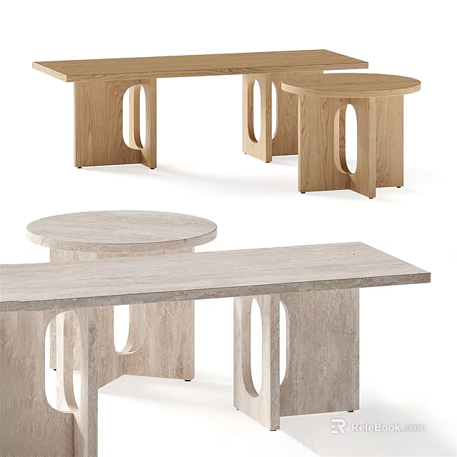 Modern Wooden Coffee Table Set With Oval And Rectangular Designs For Living Room 3d model 