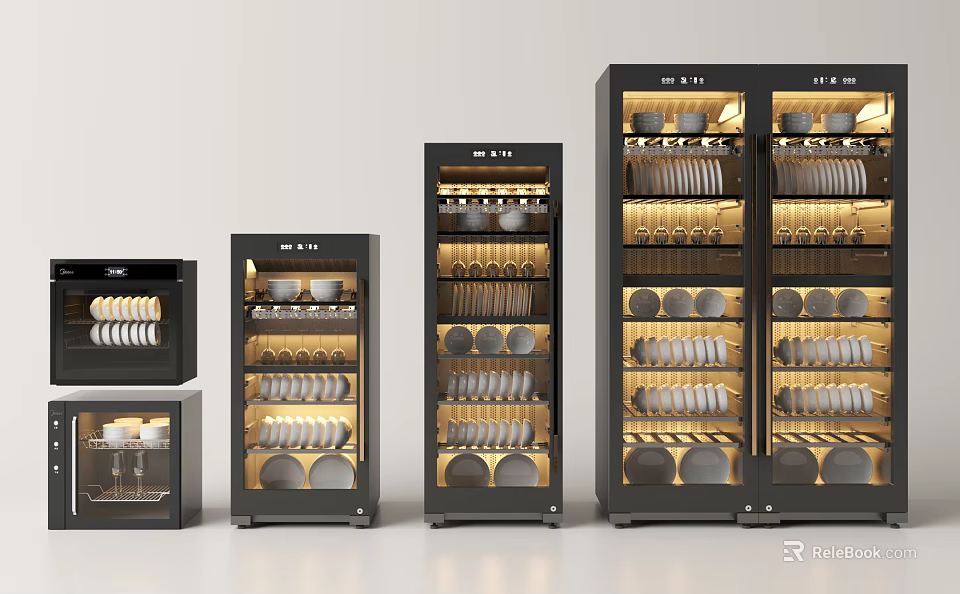 Modern Black Kitchen Appliances With Interior Lighting For Dishes Storage In Various Sizes 3d model 