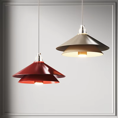 Modern Red And Beige Layered Cone Shaped Pendant Lights With Metallic Finish Hanging In Interior 3d model