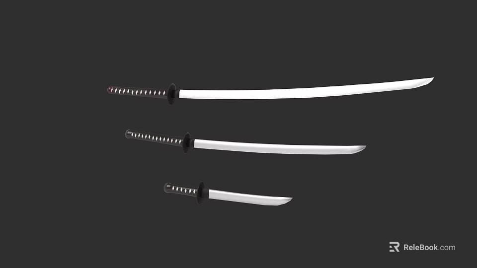 Traditional Japanese Swords With Different Lengths Sharp Blades And Black Wrapped Handles 3d model 