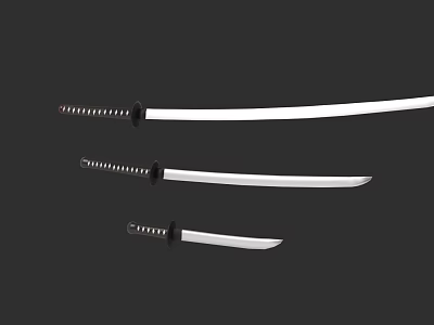 Traditional Japanese Swords With Different Lengths Sharp Blades And Black Wrapped Handles 3d model