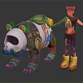 Tattooed Character With Yellow Boots Standing By Decorated Bear With Blue Eyes And Stickers