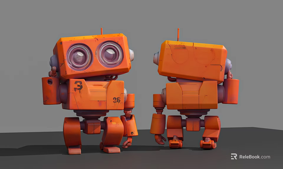 Orange Smart Robot 3D Model With Vintage Design Big Eyes Mechanical Arms Front Back Views 3d model 