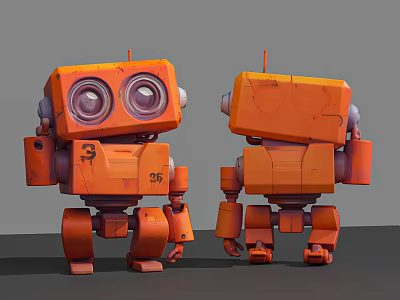 Orange Smart Robot 3D Model With Vintage Design Big Eyes Mechanical Arms Front Back Views 3d model