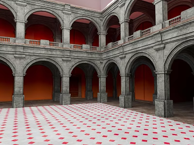 Classical Building Interior Courtyard With Arched Structures Gray Stone And Red White Checkered Floor 3d model