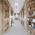 Office Corridor Interior Design With Wooden Beams Hanging Lanterns Green Plants and Built in Bookshelves
