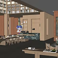 Spacious Sales Office Interior Featuring Large Windows Overlooking Green Trees And Wooden Furniture