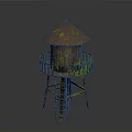 Vintage Rusted Water Tower With Conical Roof Moss Covered Surface And Metal Ladder