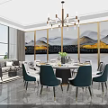 Modern Private Dining Box Featuring Round Table Blue Chairs Large Windows And Chandelier 3d model