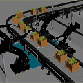 Orange Robotic Arms Handling Green Plant Pots On Automated Conveyor Belt System