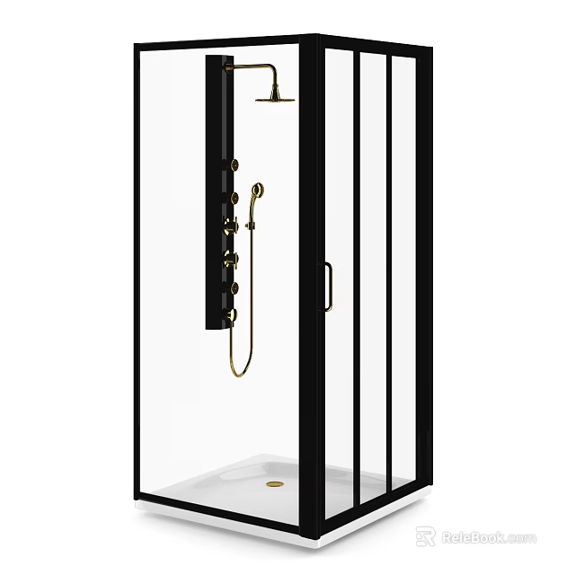 Modern Bathroom Shower Enclosure With Black Frame Gold Fixtures And Handheld Showerhead 3d model 
