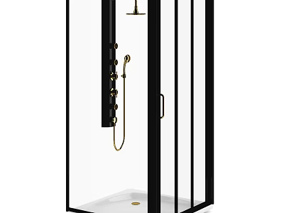 Modern Bathroom Shower Enclosure With Black Frame Gold Fixtures And Handheld Showerhead 3d model