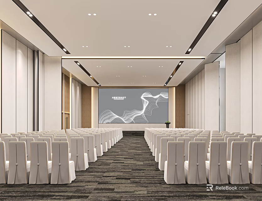Modern Conference Room Interior With Rows Of White Chairs Large Projection Screen And Ceiling Lighting 3d model 
