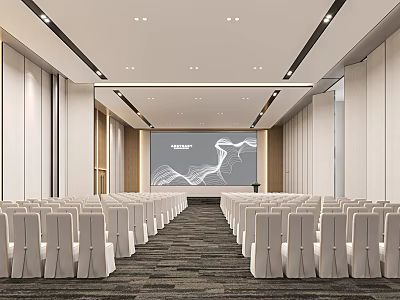 Modern Conference Room Interior With Rows Of White Chairs Large Projection Screen And Ceiling Lighting 3d model