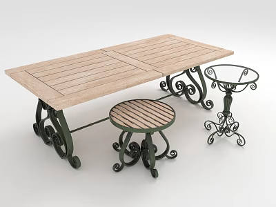 Outdoor Wooden Table With Black Metal Ornate Legs And Matching Stools 3d model