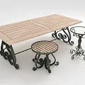 Outdoor Wooden Table With Black Metal Ornate Legs And Matching Stools
