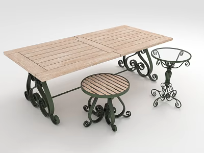 Outdoor Wooden Table With Black Metal Ornate Legs And Matching Stools 3d model