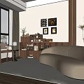 Cozy Entertainment Room Interior With Curved Sofa Bookshelf And Decorative Paintings