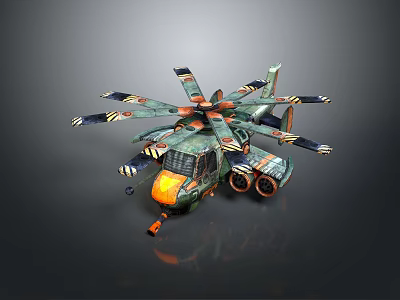 Futuristic Multirotor Aircraft With Green Orange Design And Multiple Rotors 3d model