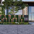 Modern Decorative Feature Wall with Green Plants and Geometric Panels at Building Entrance