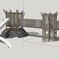 Wooden Playground Equipment With Slide Climbing Structure And Trees In Sand Area