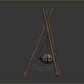 Rustic Wooden Tripod Garden Decor With Hanging Metal Basin And Rope