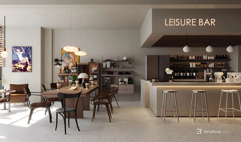Leisure Style Milk Tea Shop Interior With Bar Counter Tables Chairs Pendant Lights Artwork 3d model 