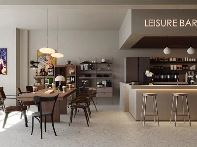 Leisure Style Milk Tea Shop Interior With Bar Counter Tables Chairs Pendant Lights Artwork 3d model