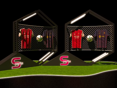 Sports Merchandise Display With Football Jerseys Soccer Balls And S Logo On Green Grass 3d model