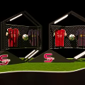Sports Merchandise Display With Football Jerseys Soccer Balls And S Logo On Green Grass
