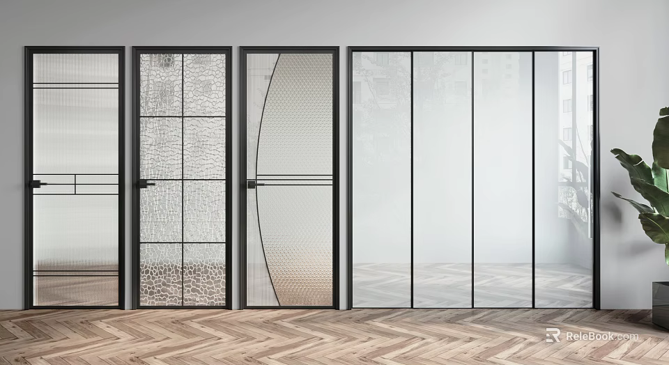 Modern Swing Doors with Various Glass Patterns and Black Frames for Interior Spaces 3d model
