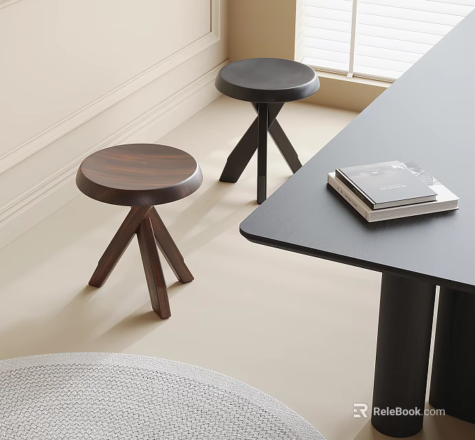 Modern Wooden And Dark Stools With Tripod Legs Near Black Table And Books 3d model 