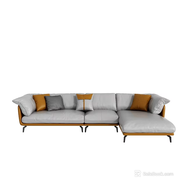 Modern L shaped Sectional Sofa with Gray Upholstery Orange Accent Pillows and Black Metal Legs 3d model 