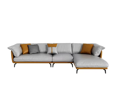 Modern L shaped Sectional Sofa with Gray Upholstery Orange Accent Pillows and Black Metal Legs 3d model