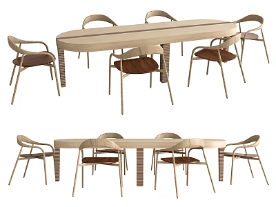 Modern Wooden Dining Table Set With Oval Tabletop And Six Sleek Armchairs 3d model