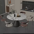 Modern Luxury Round Marble Dining Table With Six Metal Leg Chairs In Beige And Brown