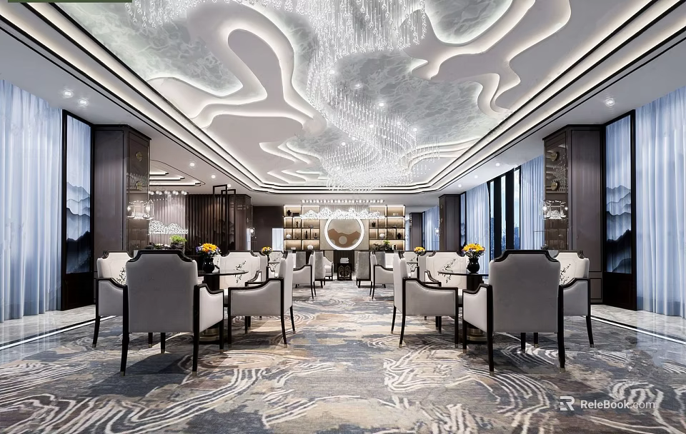 Elegant Modern Lounge Area Interior With Comfortable Chairs And Decorative Ceiling Design 3d model