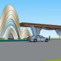 Modern Entrance Gate With Wavy Structure Extended Canopy Green Lawn And Blue Sky