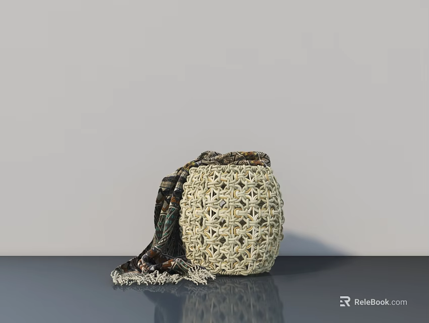 Handwoven Cream Stool With Fringed Scarf On Dark Tabletop In Minimalist Setting 3d model 