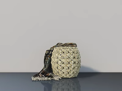 Handwoven Cream Stool With Fringed Scarf On Dark Tabletop In Minimalist Setting 3d model