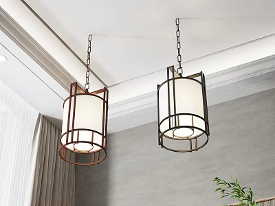 Two Modern Chandeliers With Metal Frames And White Shades For Interior Design 3d model