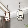 Two Modern Chandeliers With Metal Frames And White Shades For Interior Design