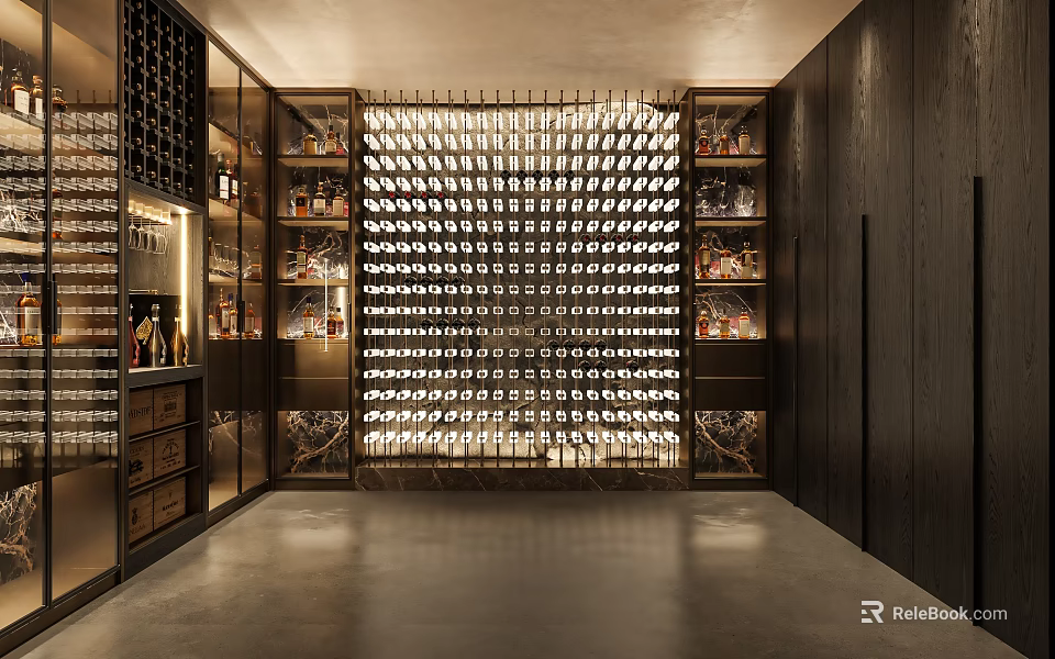 Luxury Wine Cellar Interior With Wooden Racks And Illuminated Bottle 3d model 