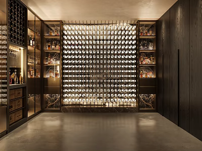 Luxury Wine Cellar Interior With Wooden Racks And Illuminated Bottle 3d model