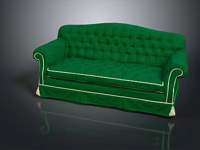 Green Classic Sofa With Tufted Backrest White Trim And Wooden Legs 3d model
