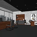 Modern Office Interior With Large Windows City View Wooden Bookshelf Desk Round Table And Chairs