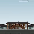 Modern Architectural Interior With Wooden Roof Structure Large Glass Windows And Gray Floor Tiles