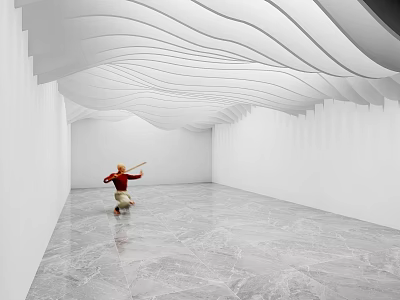 Modern Wavy White Ceiling Design In Open Space With Marble Floor And White Walls 3d model